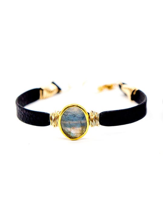 Labradorite Oval Leather Wrapped Bracelet