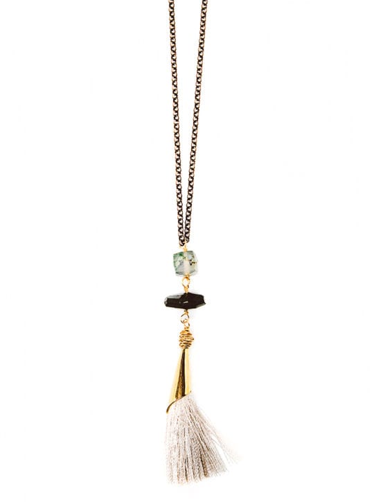 moss agate double stone capped tassel long necklace