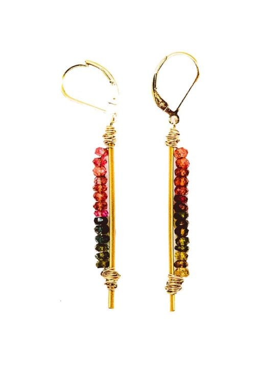 watermelon tourmaline rondelle bar earrings