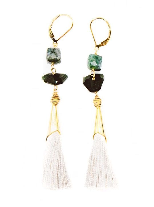 moss agate tsavorite garnet vapor capped tassel earrings