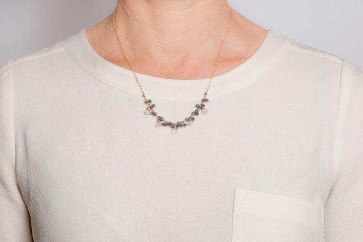 iolite cluster and pearl chalcedony teardrop short necklace on model