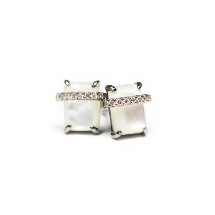 Mother of Pearl Rectangle Pave Diamond Bar Studs Bloom Jewelry