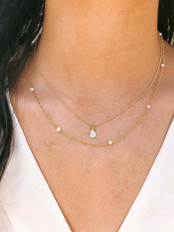 Pearl filigree layering necklace, diamond slice delicate necklace