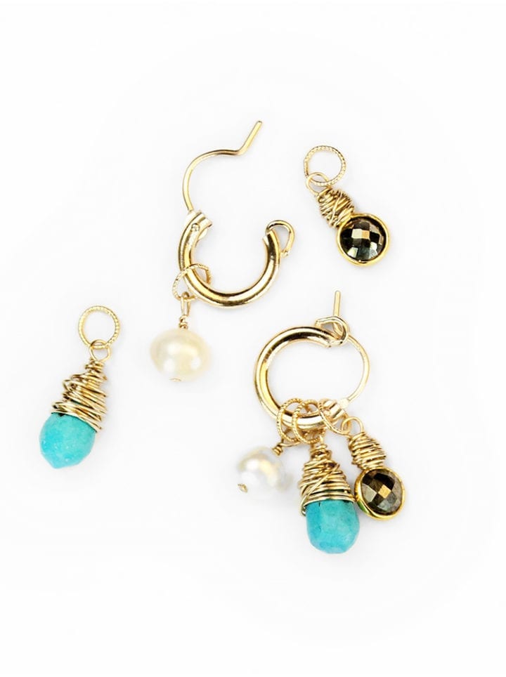 Turquoise pyrite pearl classic charm hoops