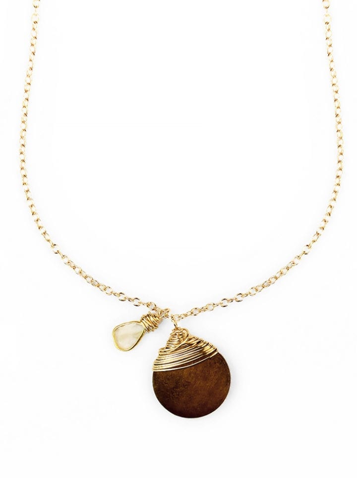 wood disc and diamond slice charm necklace