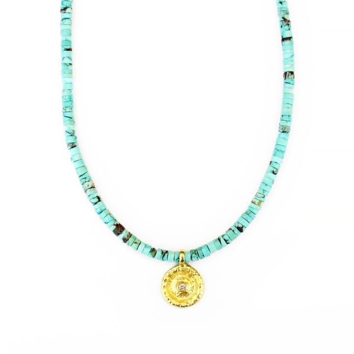 Pave diamond gold disc turquoise strung short necklace