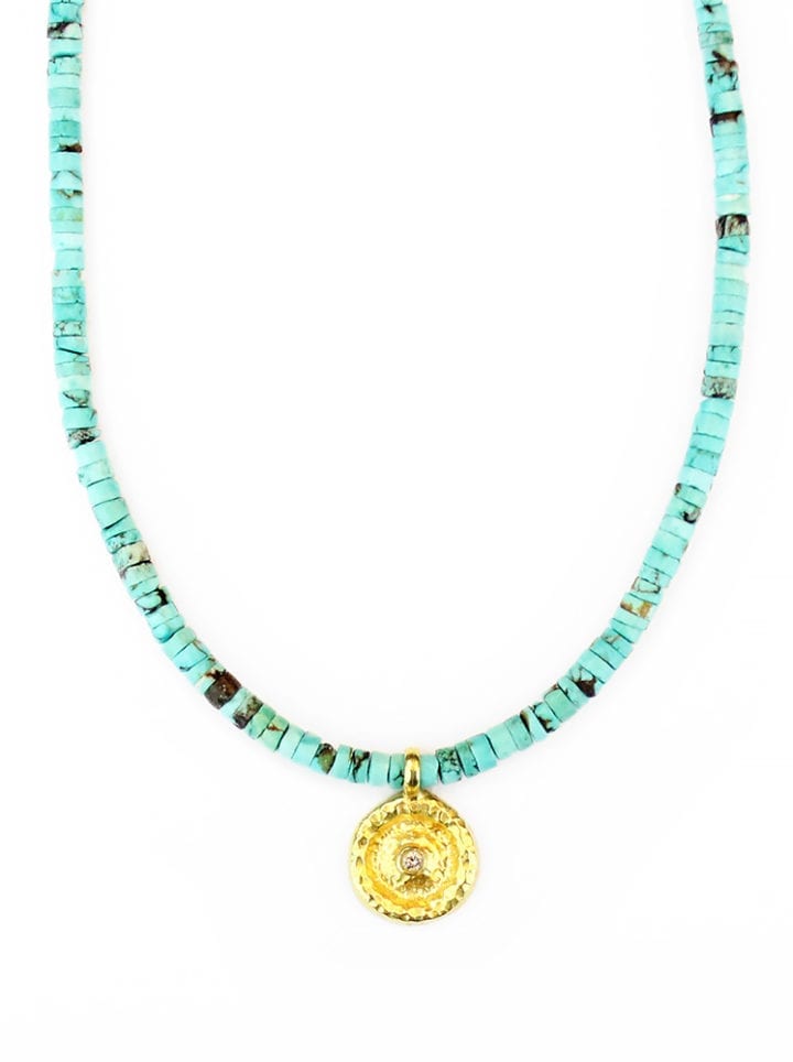 Pave diamond gold disc turquoise strung short necklace