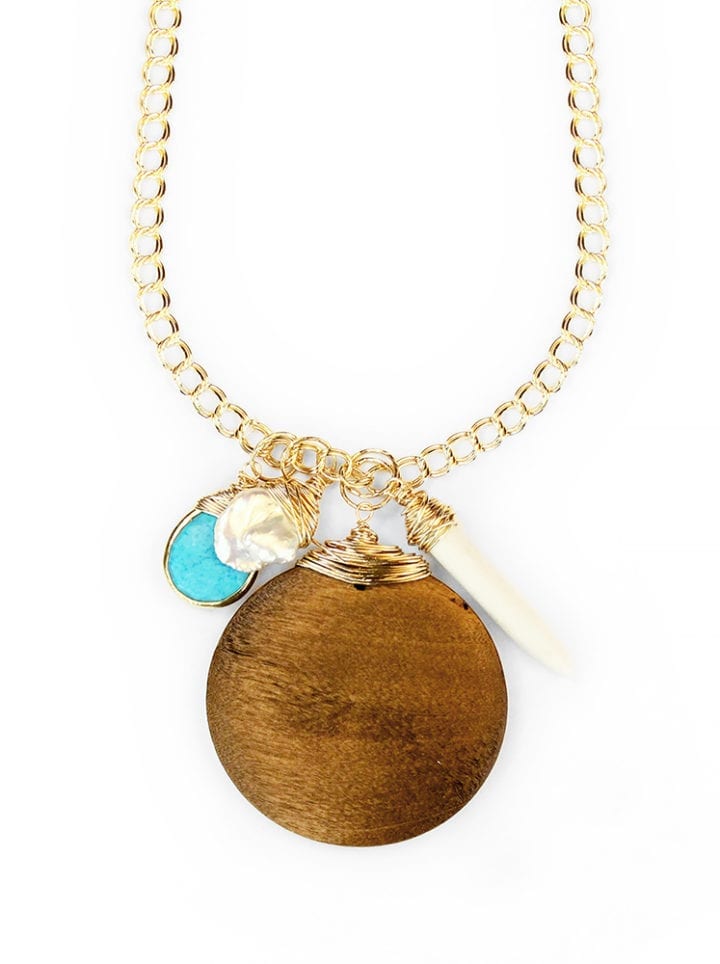Wood, pearl, turquoise curb charm necklace