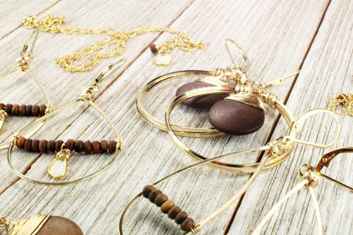 Wood handcrafted jewelry collection group shot