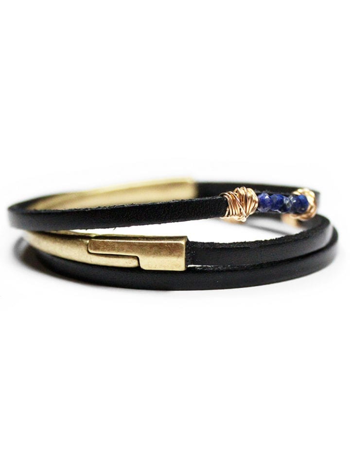 Jet Lapis Thin Triple Wrap Leather Bracelet