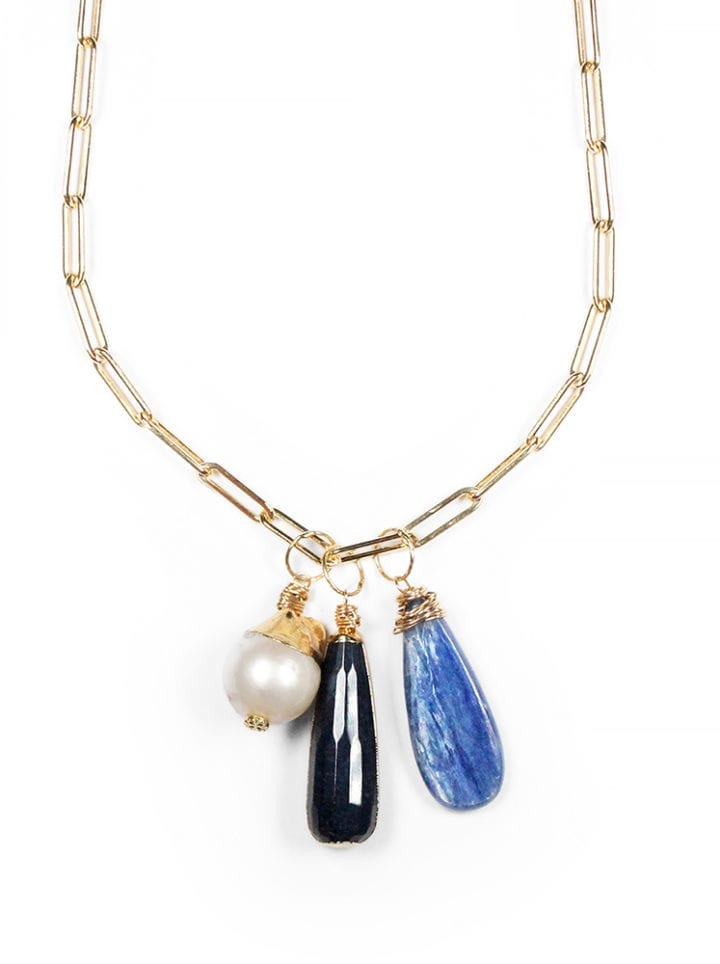 Kyanite Blue Jade Pearl Paperclip Charm Midi Necklace