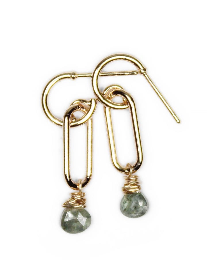 Moss Aquamarine Gold Paperclip Huggies. Bloom Jewelry handcrafted jewelry.