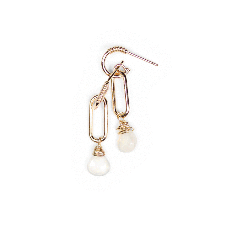 Pearl Chalcedony Gold Paperclip Huggies. Bloom Jewelry handcrafted jewelry.
