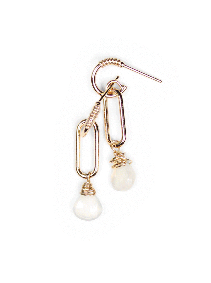 Pearl Chalcedony Gold Paperclip Huggies. Bloom Jewelry handcrafted jewelry.