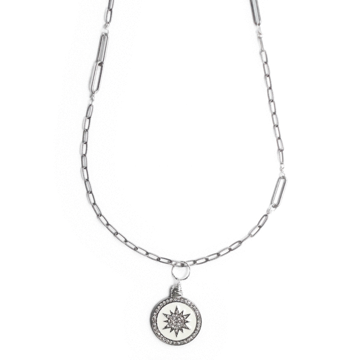 Pave Diamond Starburst White Enamel Charm Pendant on Duo Paperclip Necklace| Bloom Jewelry Handcrafted Jewelry