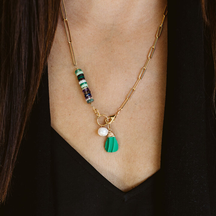 Mystic Paperclip Duo Necklace, Malachite Freeform Charm